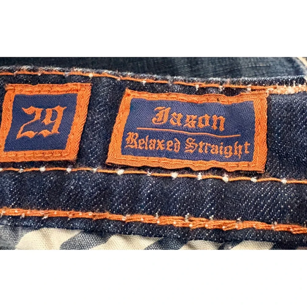 Rock Revival Men Drk Wash Bootcut Jeans Fleur de Lis Thick Stitch Blue 29x32 Y2K